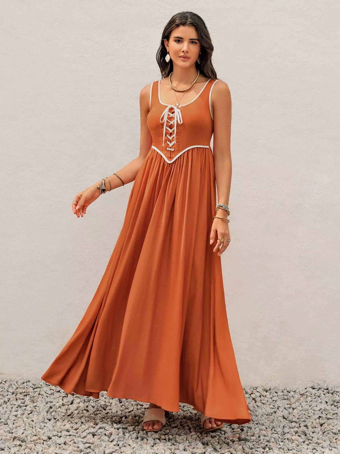 Contrast Trim Lace-Up Maxi Tank Dress-Nordavory