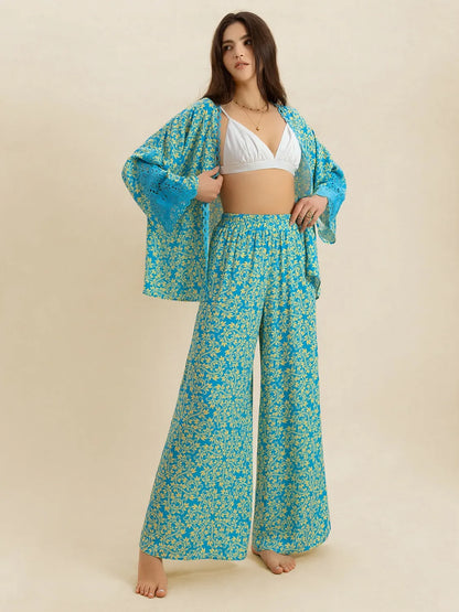 Open Front Printed Top and Pants Set-Nordavory