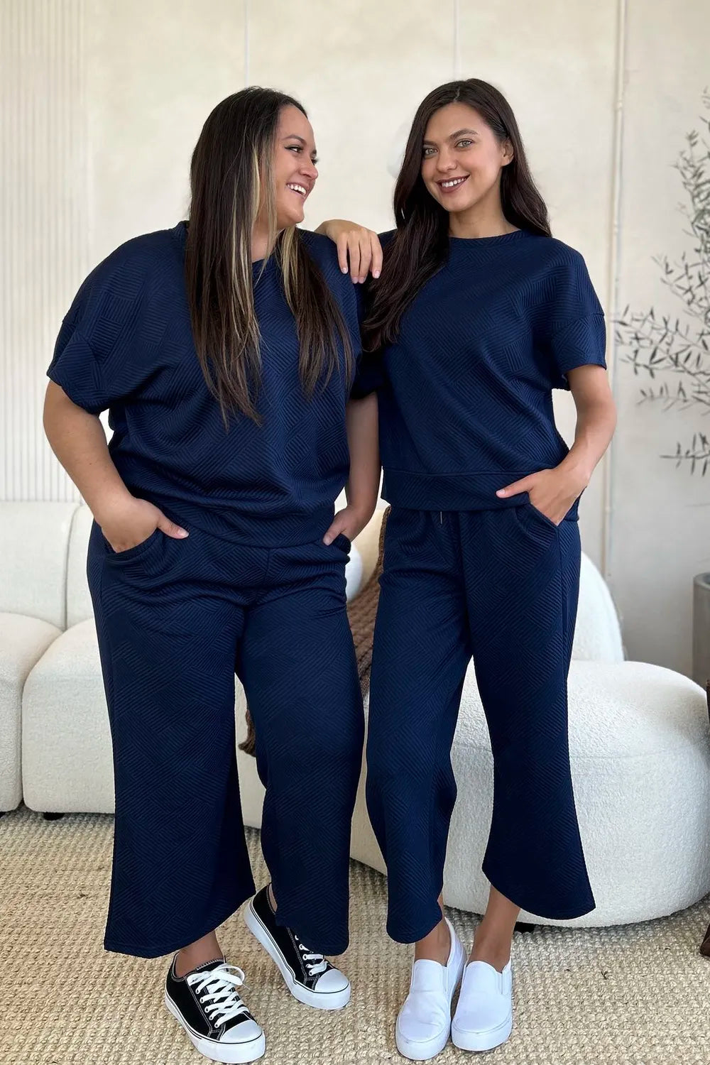 Double Take Full Size Texture Short Sleeve Top and Pants Set-Nordavory