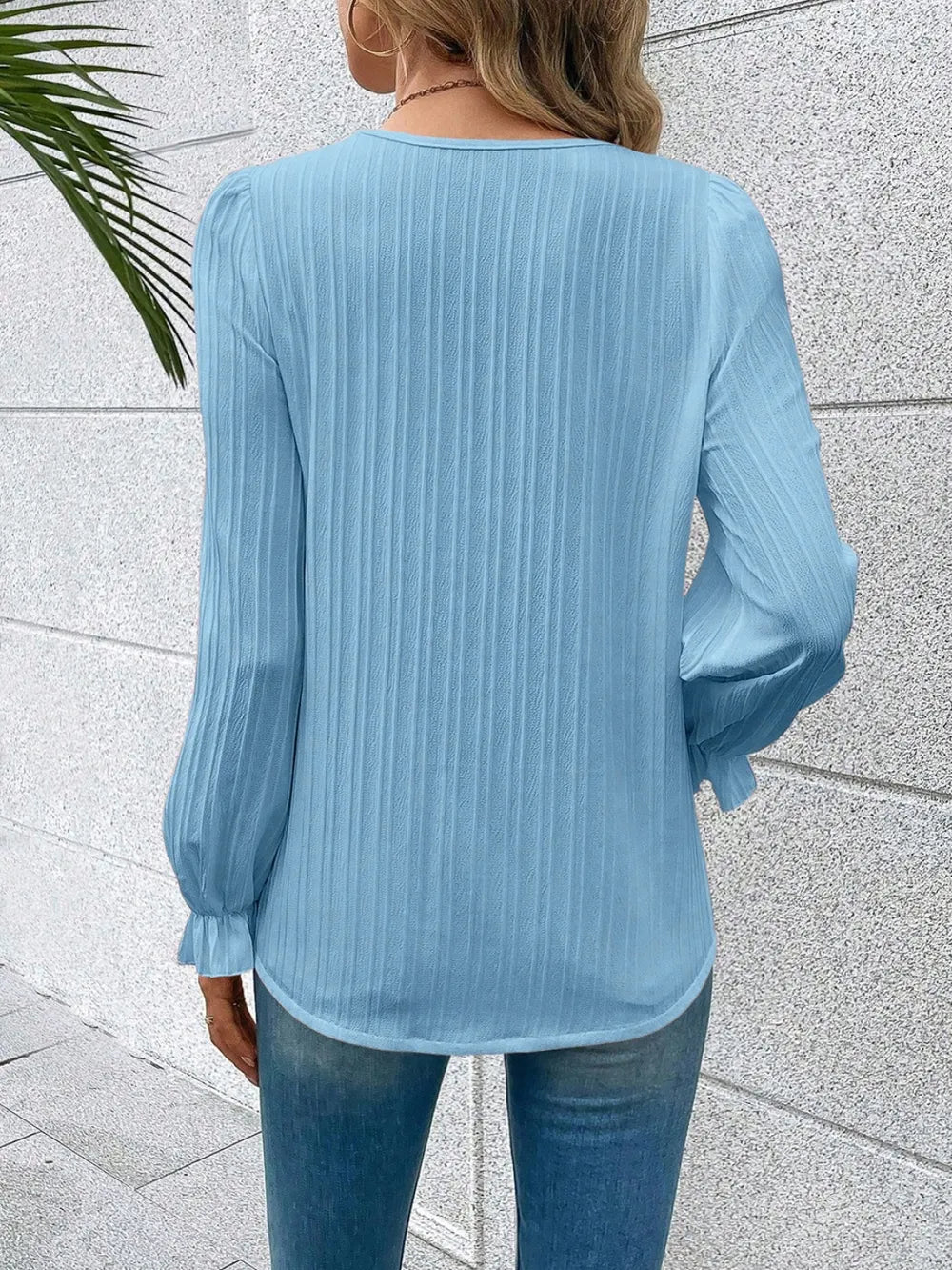 V-Neck Lace Detail Flounce Sleeve Blouse-Nordavory