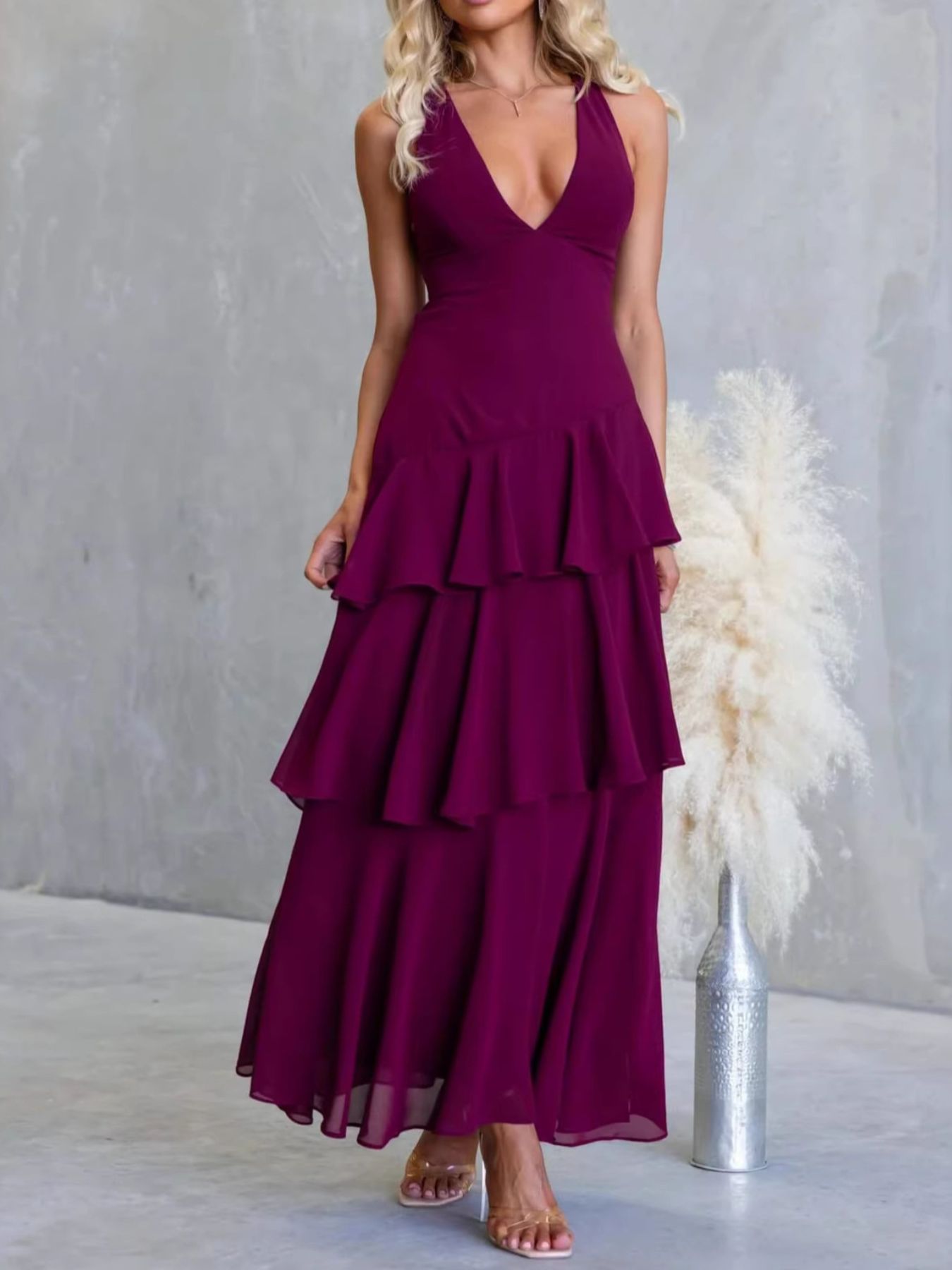 Sleeveless Ruffled Layered Backless Maxi Dress-Nordavory