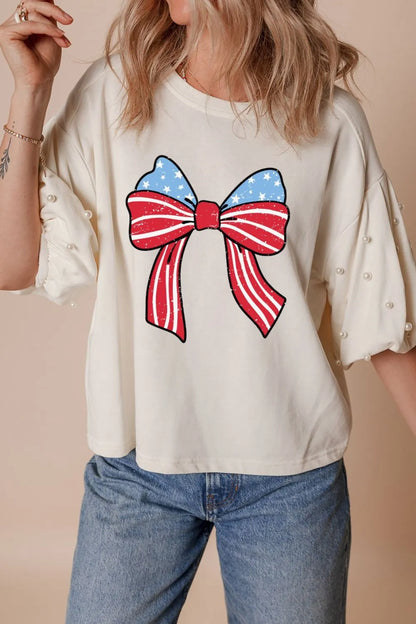 Bowknot Graphic Pearl Puff Half Sleeve T Shirt-Nordavory