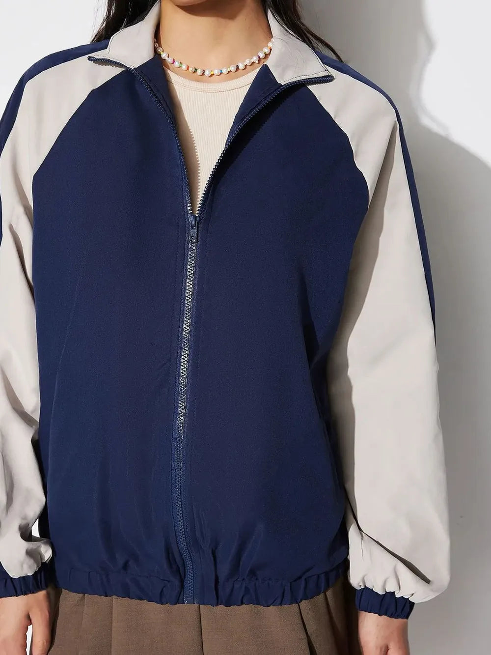 Contrast Zip Up Collared Neck Long Sleeve Jacket-Nordavory