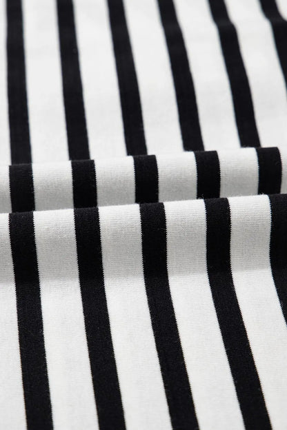 Stripe Contrast V Neck Collared Puff Sleeve T Shirt Mini Dress with Pockets-Nordavory