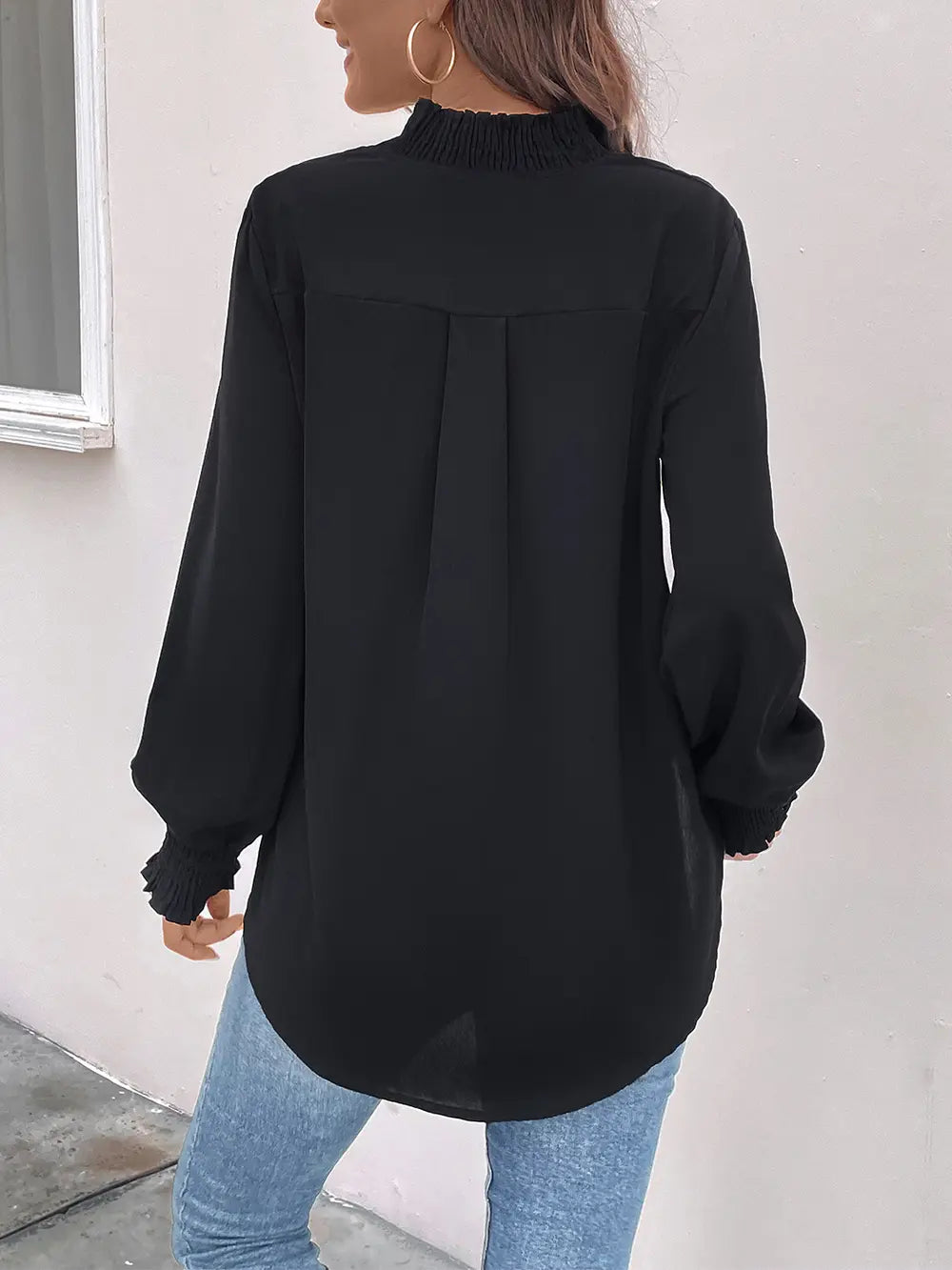Perfee Smocked Notched Long Sleeve Blouse-Nordavory