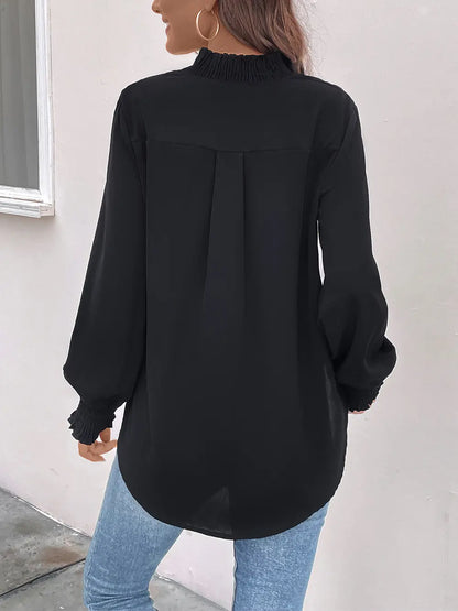 Perfee Smocked Notched Long Sleeve Blouse-Nordavory