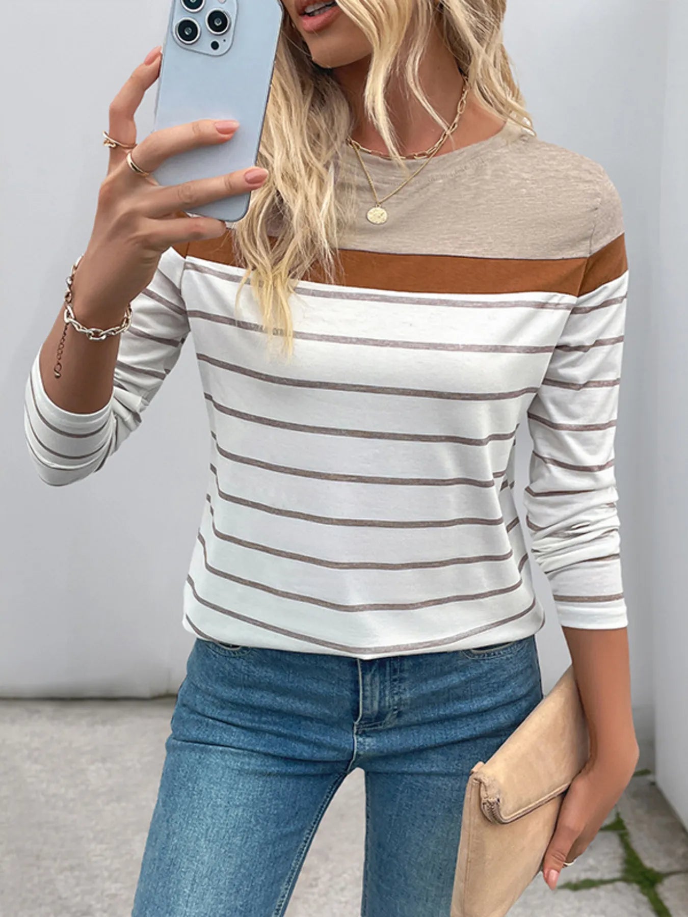 Casual Striped Long Sleeve Color Block T-Shirt-Nordavory