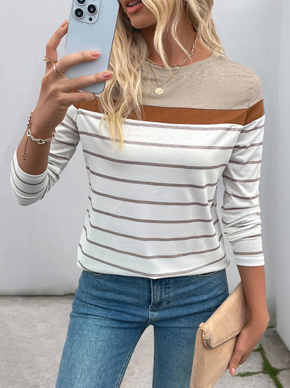Casual Striped Long Sleeve Color Block T-Shirt-Nordavory
