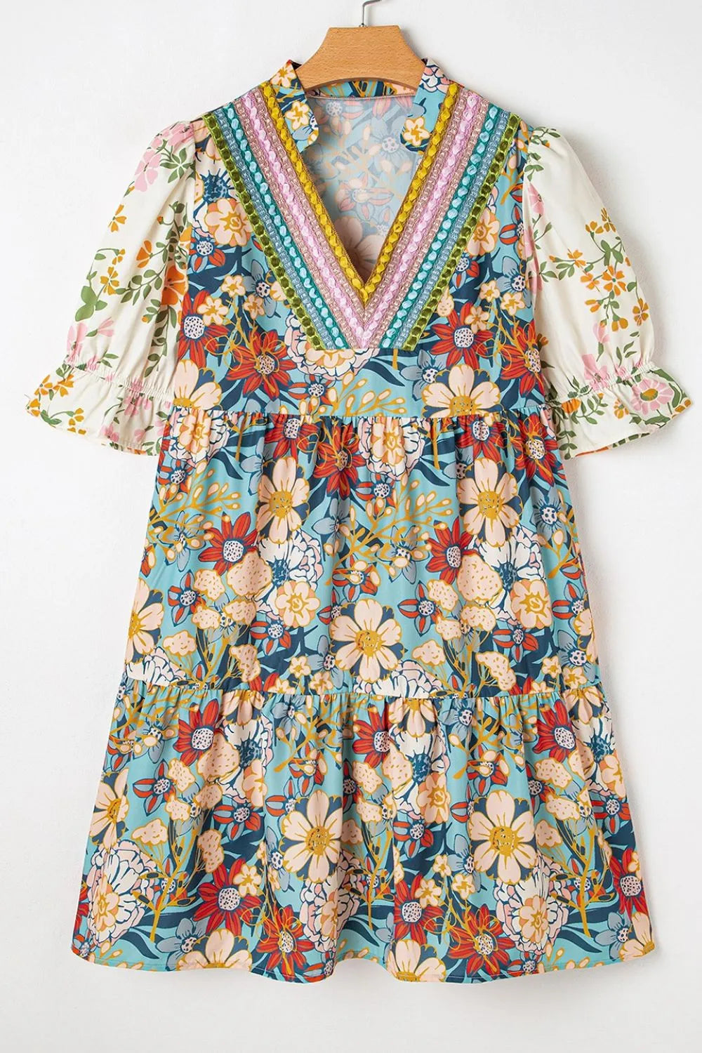 Printed Notched Flounce Sleeve Mini Dress-Nordavory