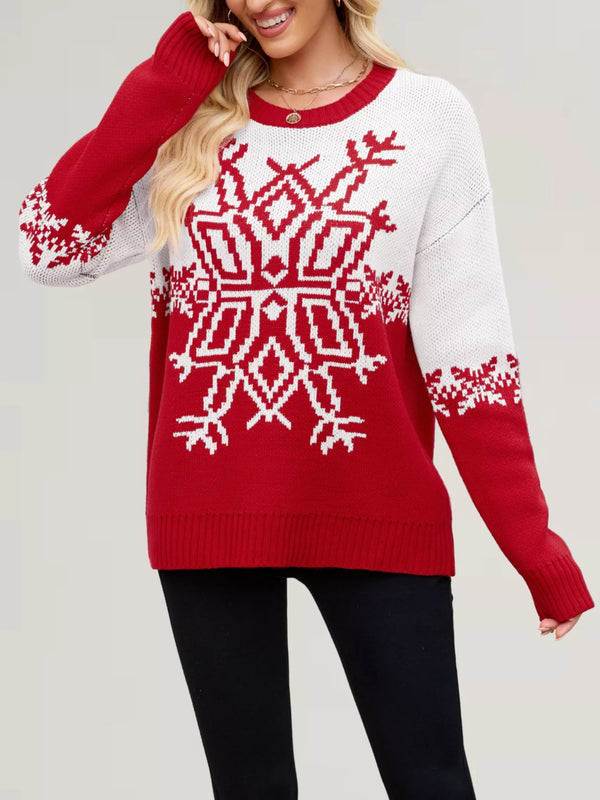 Christmas Snowflake Round Neck Sweater-Nordavory