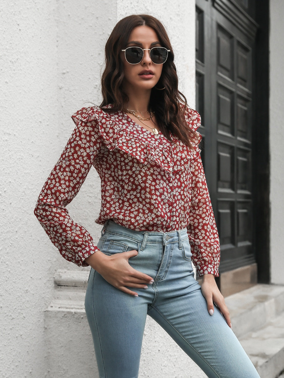 Printed Statement Collar Long Sleeve Blouse-Nordavory