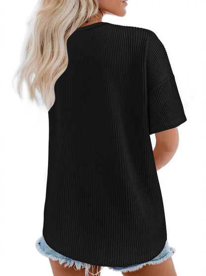 Ribbed V-Neck Oversized T-Shirt-Nordavory