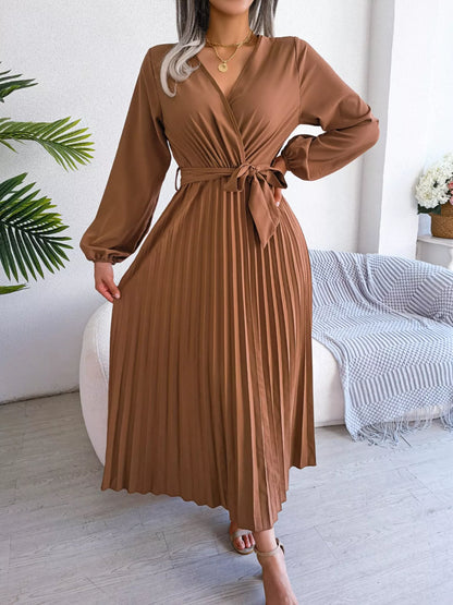 Elegant Pleated Front Tie Long Sleeve Dress-Nordavory