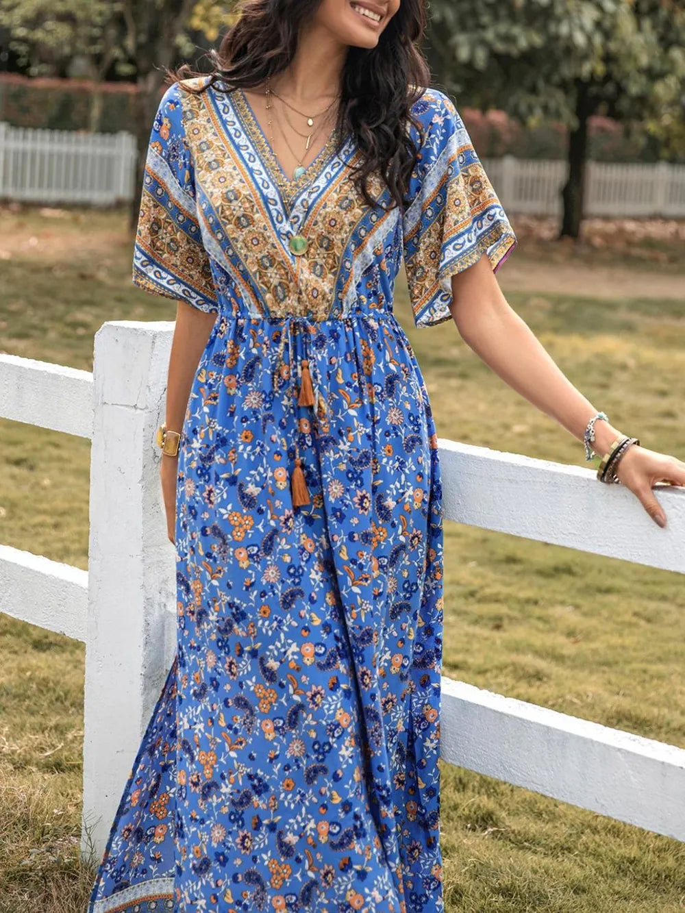 Slit Printed V-Neck Half Sleeve Maxi Dress-Nordavory
