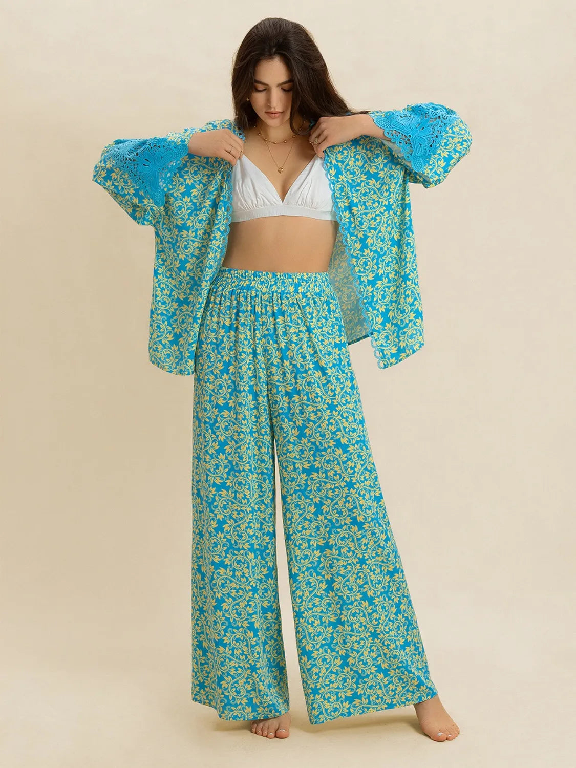 Open Front Printed Top and Pants Set-Nordavory