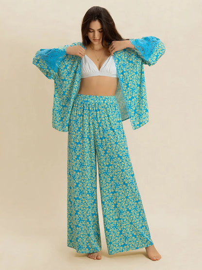 Open Front Printed Top and Pants Set-Nordavory