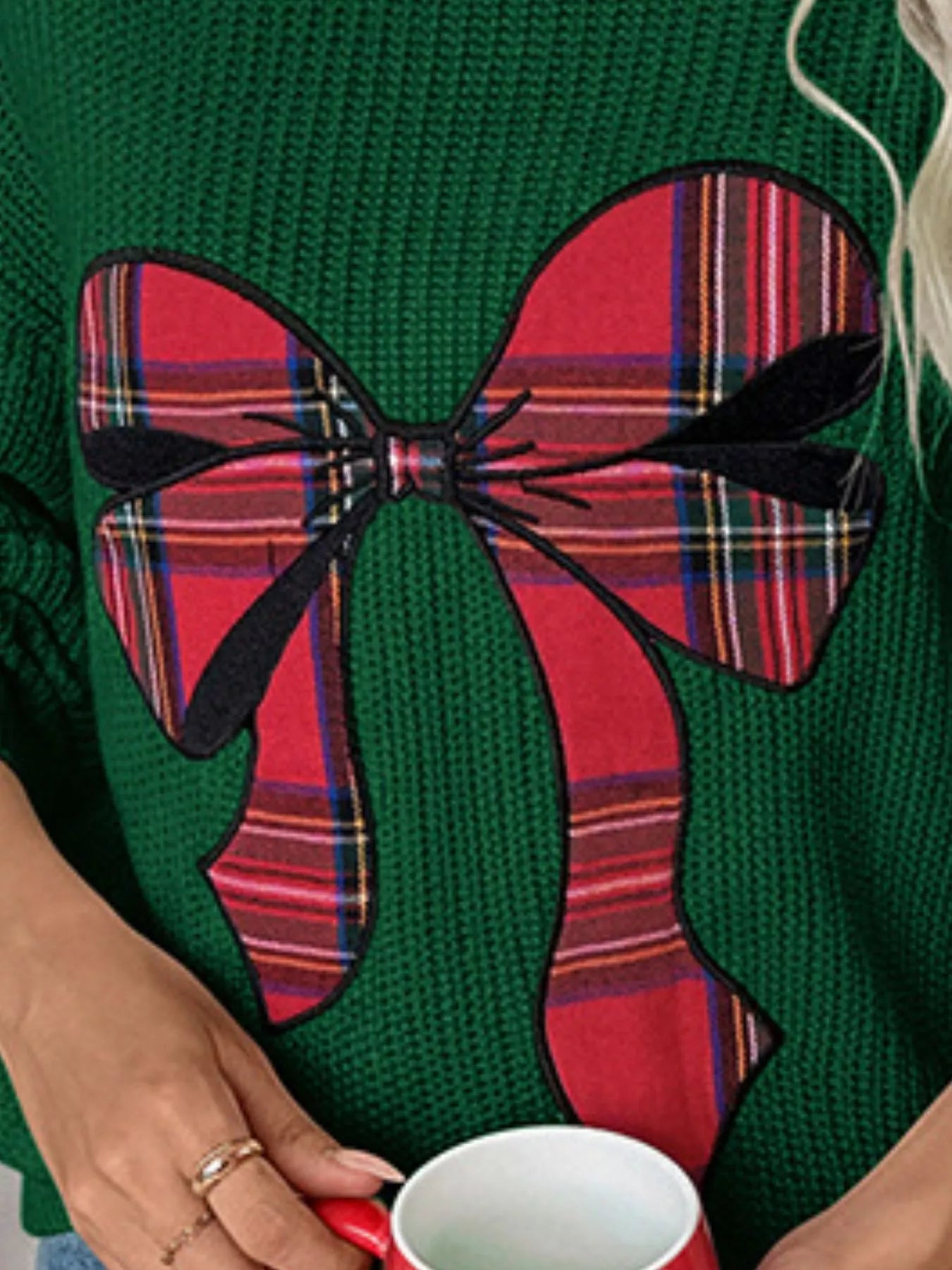 Plaid Bow Round Neck Christmas Sweater-Nordavory