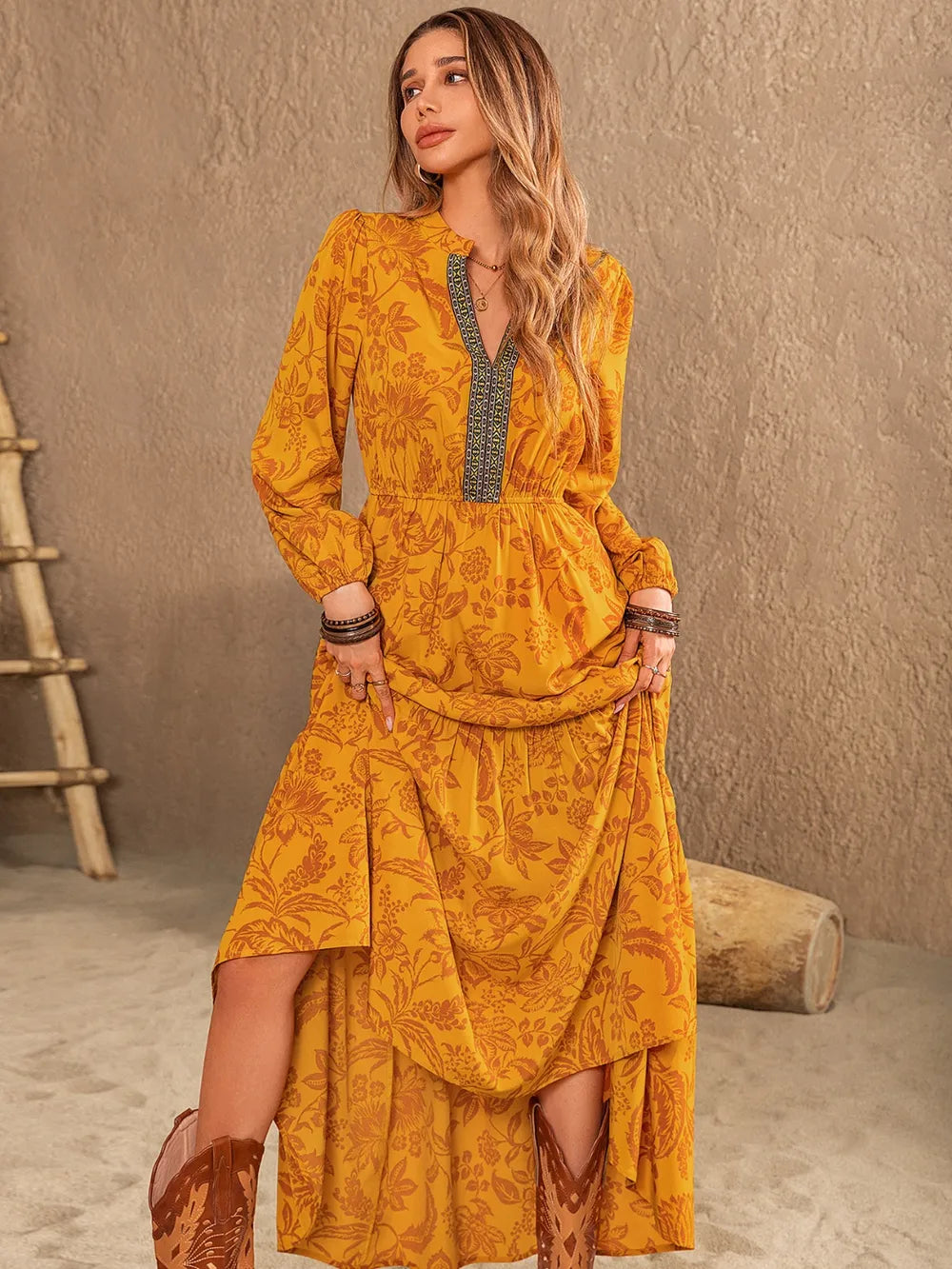 Printed Notched Balloon Sleeve Dress-Nordavory