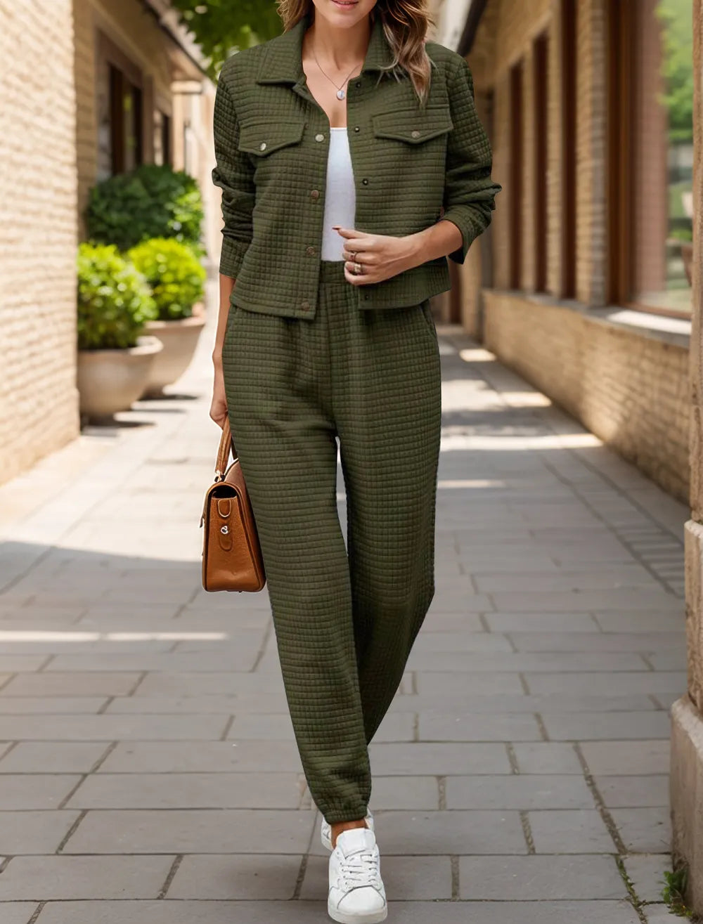 Plaid Texture Snap Down Top and Pants Set-Nordavory