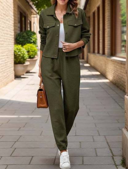 Plaid Texture Snap Down Top and Pants Set-Nordavory