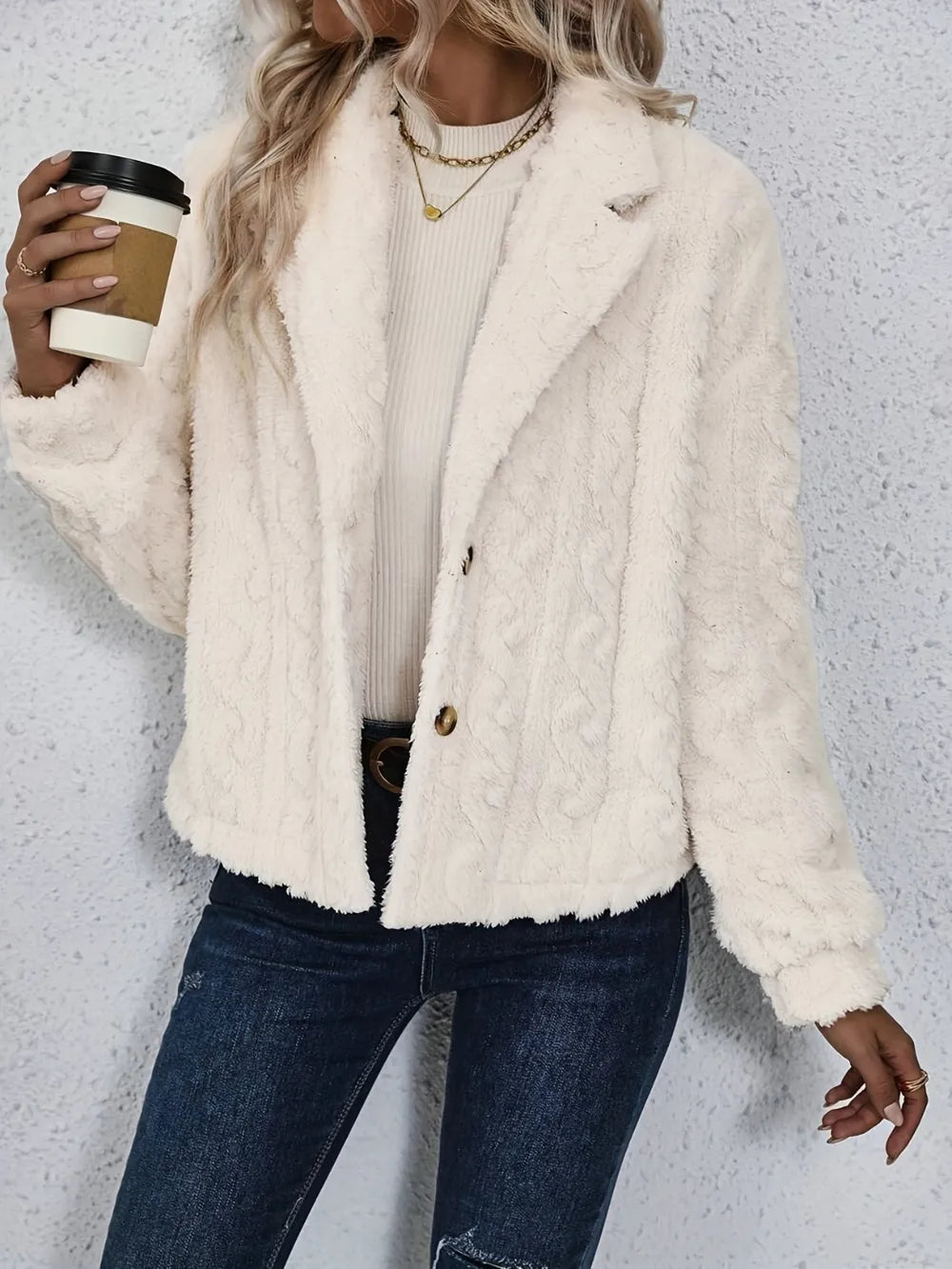 Fuzzy Button Up Collared Neck Jacket-Nordavory