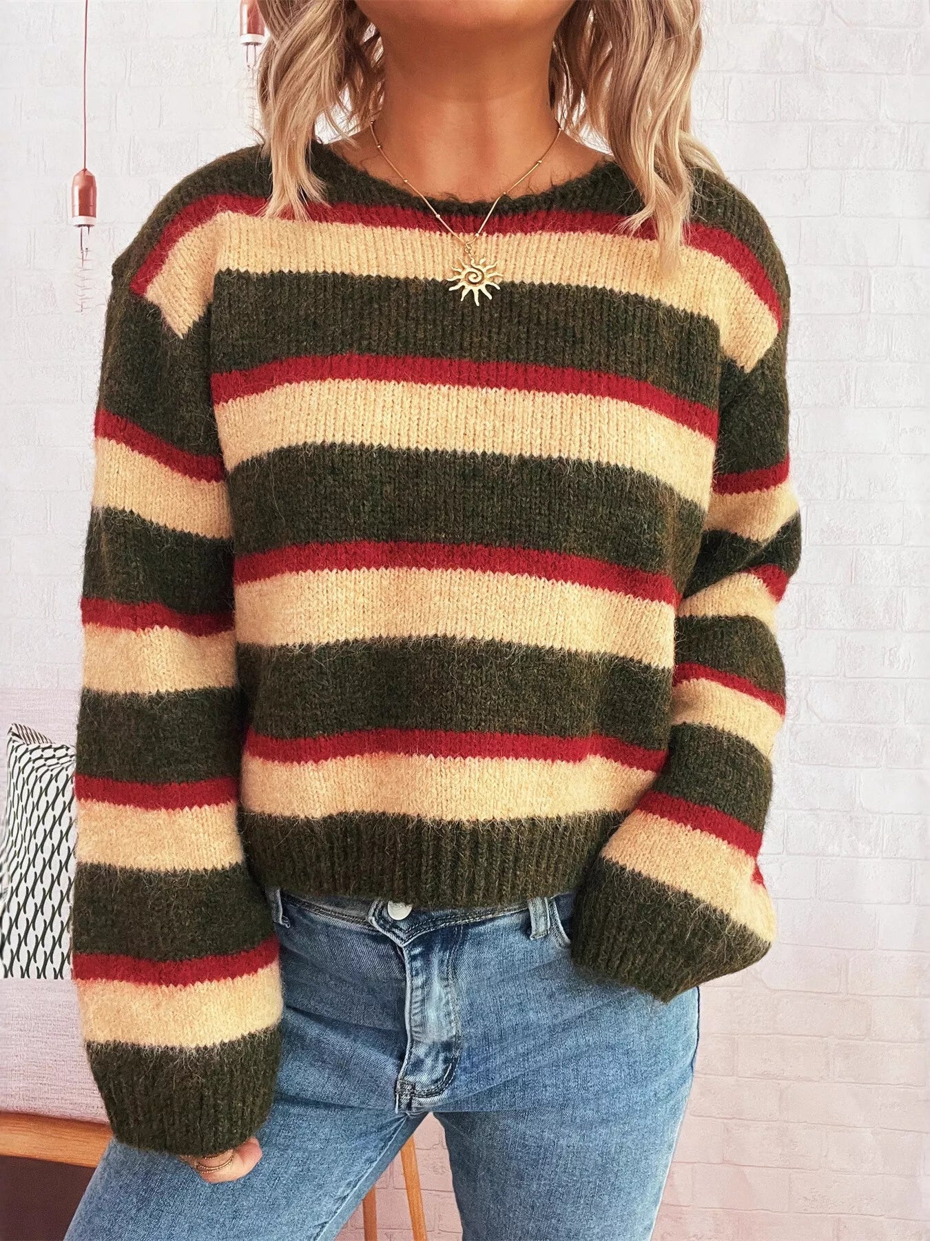 Striped Round Neck Long Sleeve Sweater-Nordavory