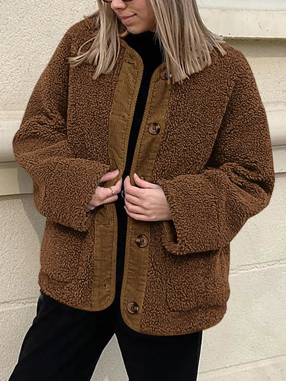 Contrast Button Up Sherpa Jacket with Pockets-Nordavory