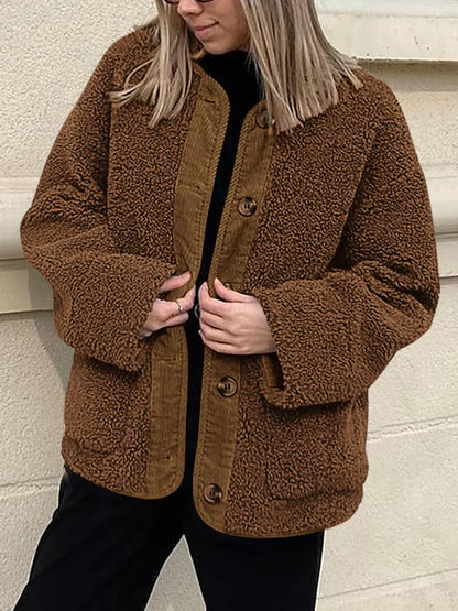 Contrast Button Up Sherpa Jacket with Pockets-Nordavory