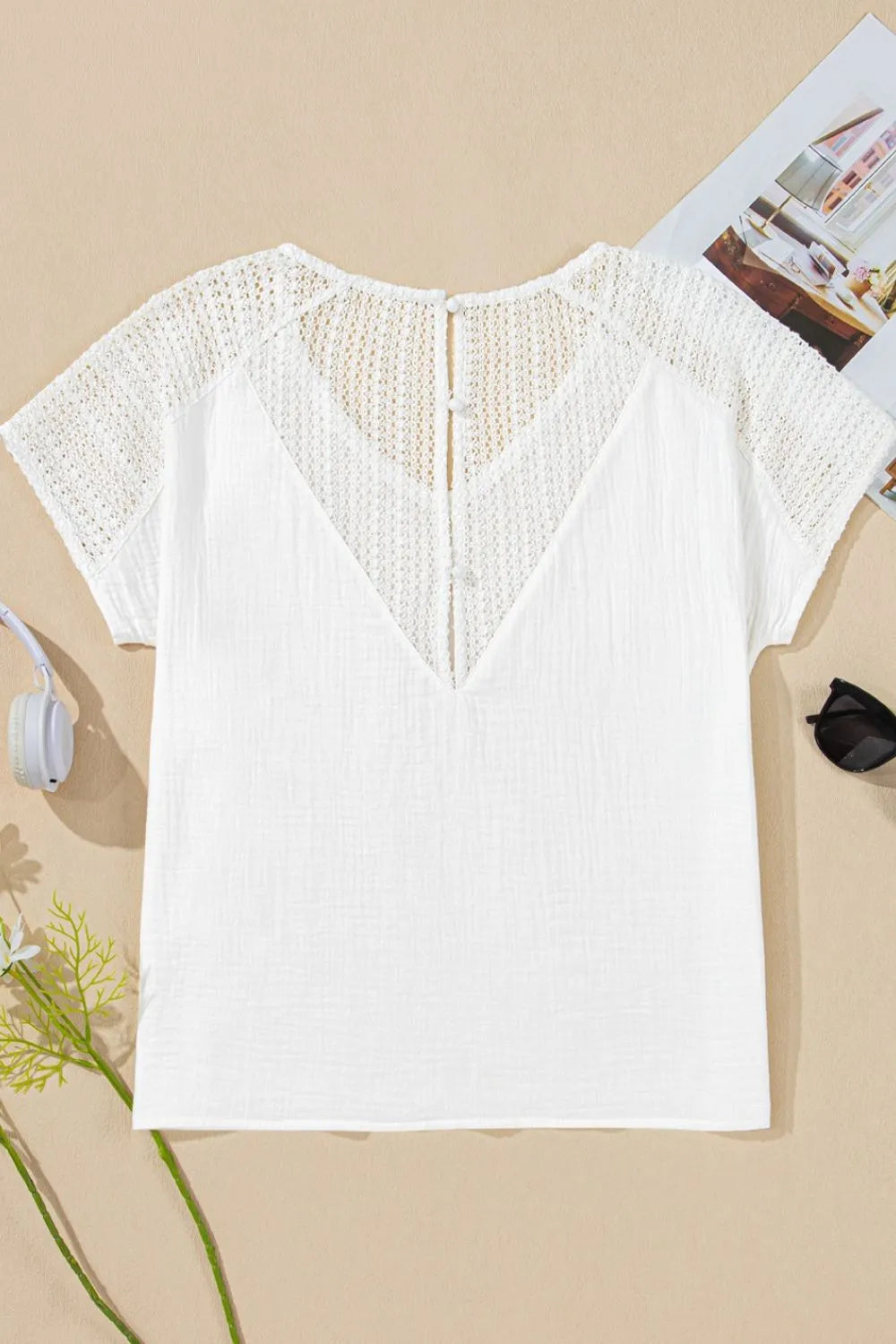 Lace Crochet Textured Button Back V Neck T Shirt-Nordavory