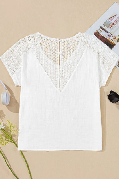 Lace Crochet Textured Button Back V Neck T Shirt-Nordavory