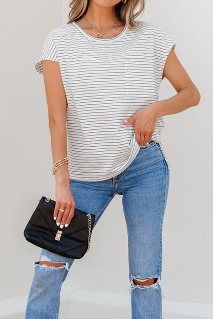Stripe Cap Sleeve Crew Neck Casual Tee with Chest Pocket-Nordavory