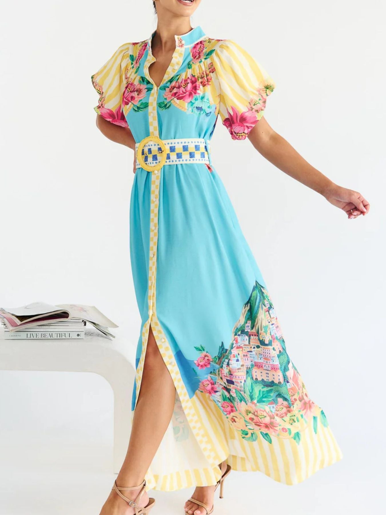 Printed Button Front Puff Sleeve Maxi Dress-Nordavory