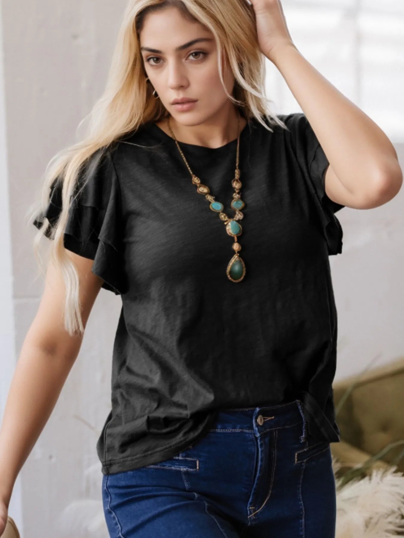 Ruffle Sleeve Round Neck Top-Nordavory