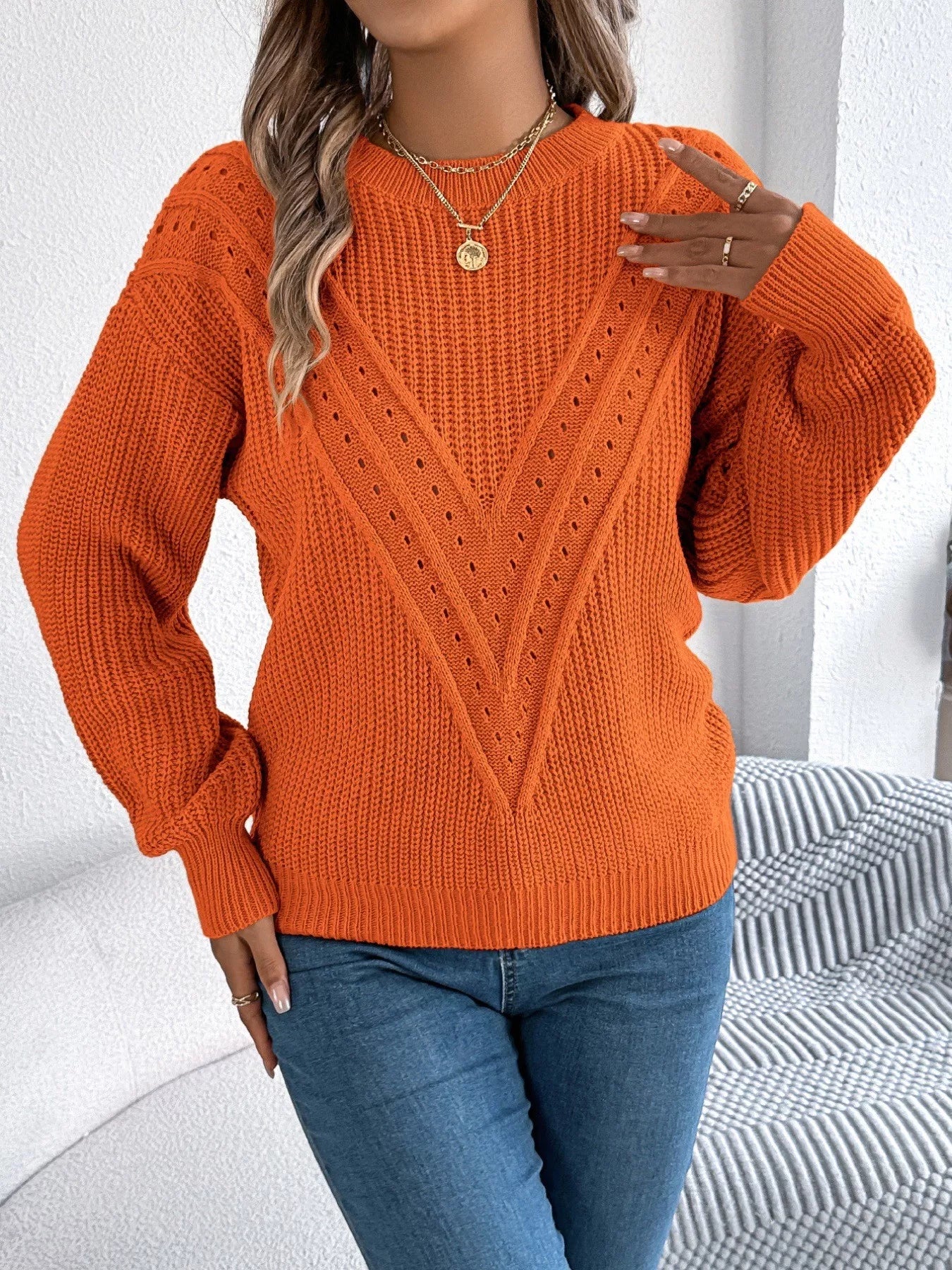 Openwork Round Neck Sweater-Nordavory