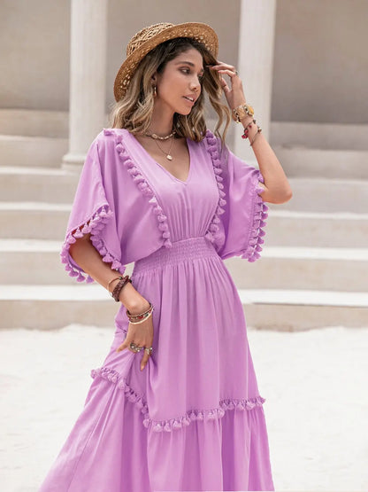 Tassel Trim Smocked V-Neck Short Sleeve Dress-Nordavory