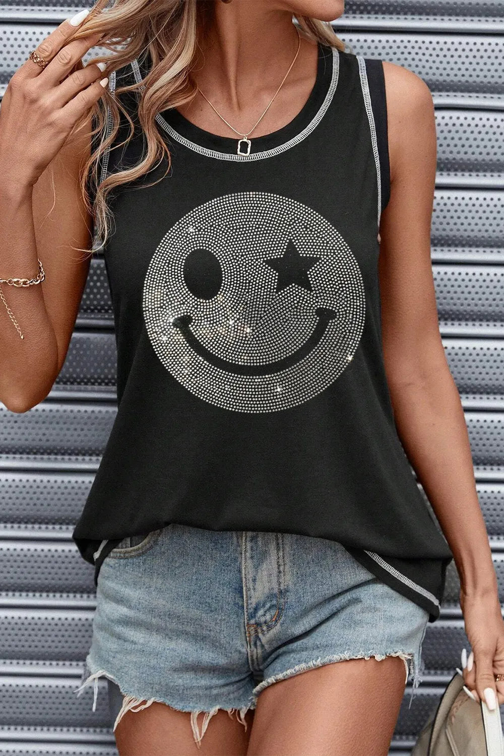 Rhinestone Smile Face Round Neck Tank-Nordavory