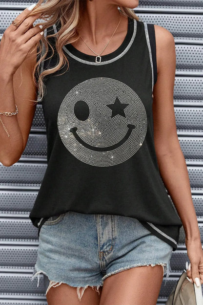 Rhinestone Smile Face Round Neck Tank-Nordavory