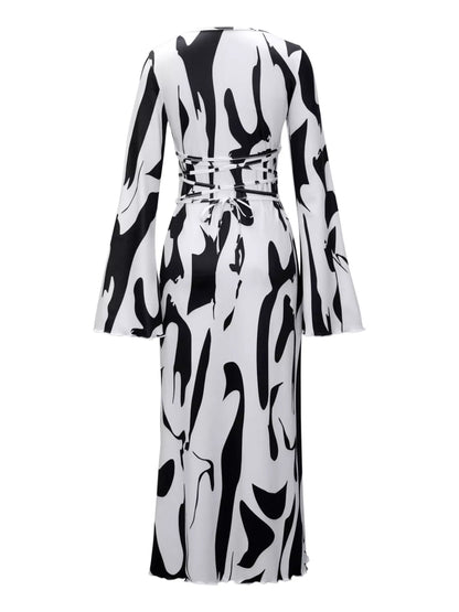 Abstract Print Long Sleeve Maxi Dress-Nordavory