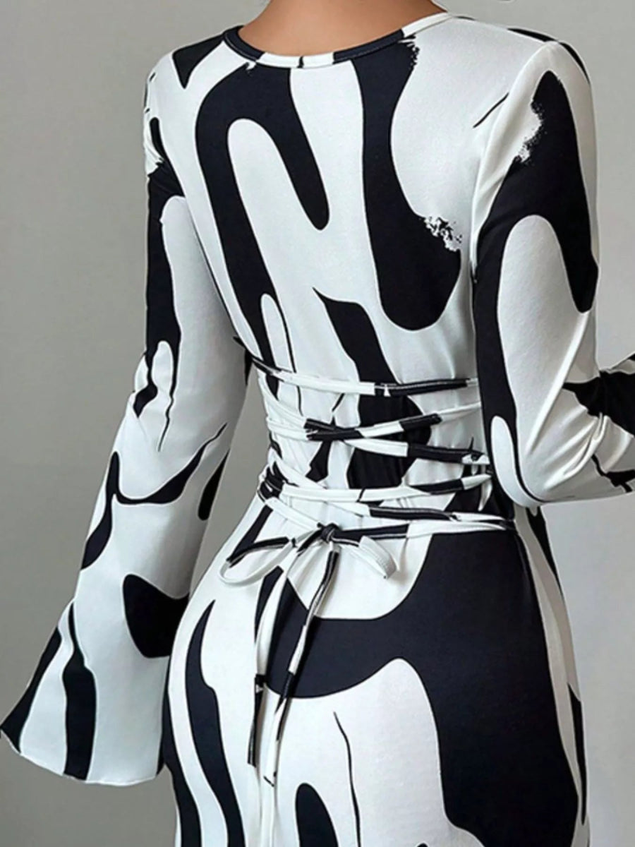 Abstract Print Long Sleeve Maxi Dress-Nordavory