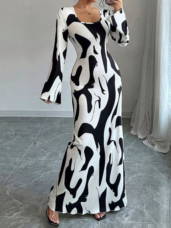 Abstract Print Long Sleeve Maxi Dress-Nordavory