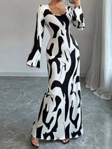 Abstract Print Long Sleeve Maxi Dress - Nordavory