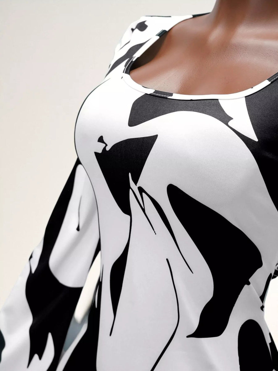 Abstract Print Long Sleeve Maxi Dress-Nordavory