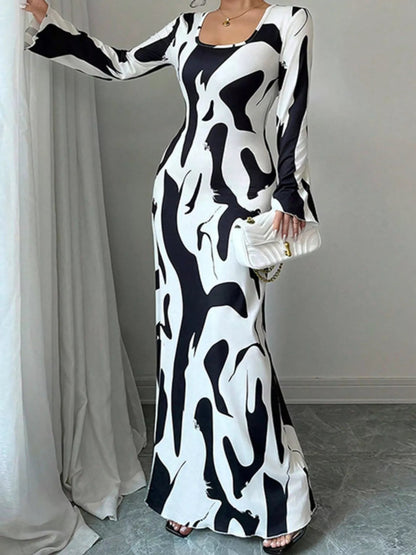 Abstract Print Long Sleeve Maxi Dress-Nordavory