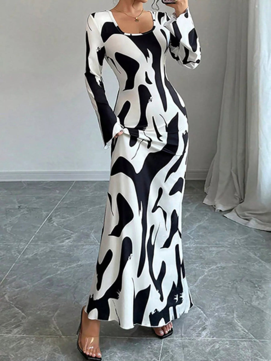 Abstract Print Long Sleeve Maxi Dress-Nordavory