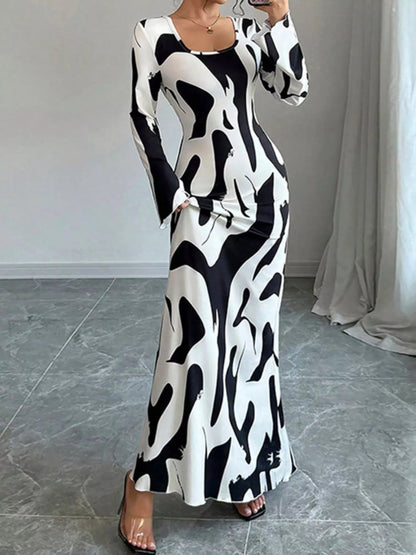 Abstract Print Long Sleeve Maxi Dress-Nordavory