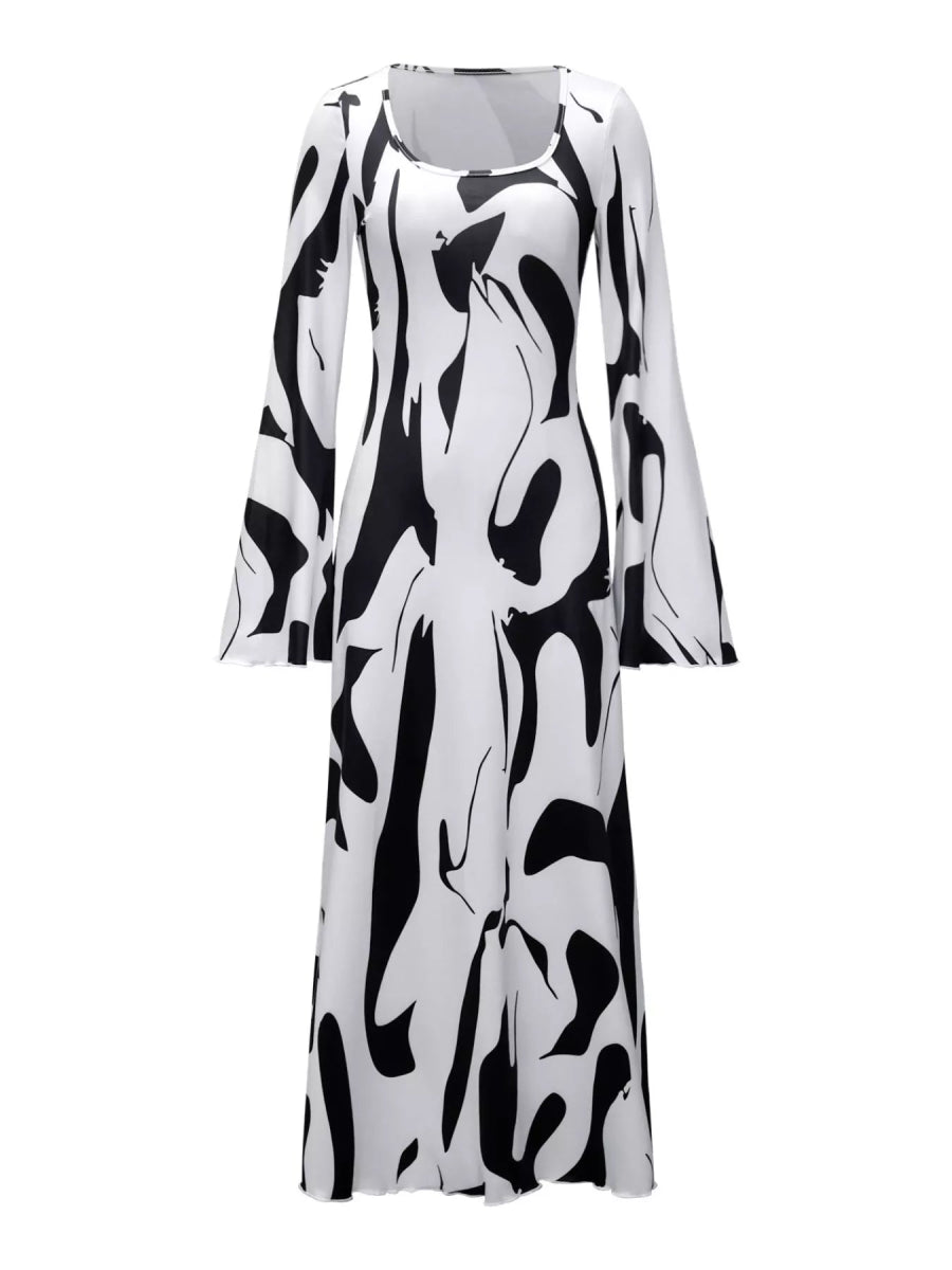 Abstract Print Long Sleeve Maxi Dress-Nordavory