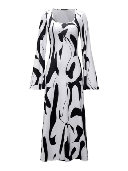 Abstract Print Long Sleeve Maxi Dress-Nordavory