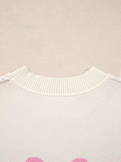 Bow Print Ribbed Trim Exposed Seam Drop Shoulder Loose Sweater-Nordavory