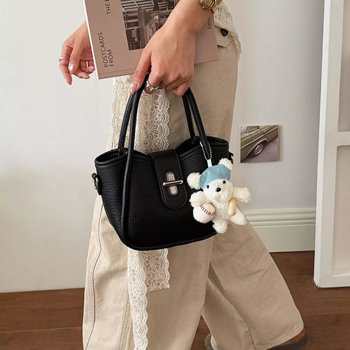 Textured Bucket Handbag – Mini PU Leather – image 3