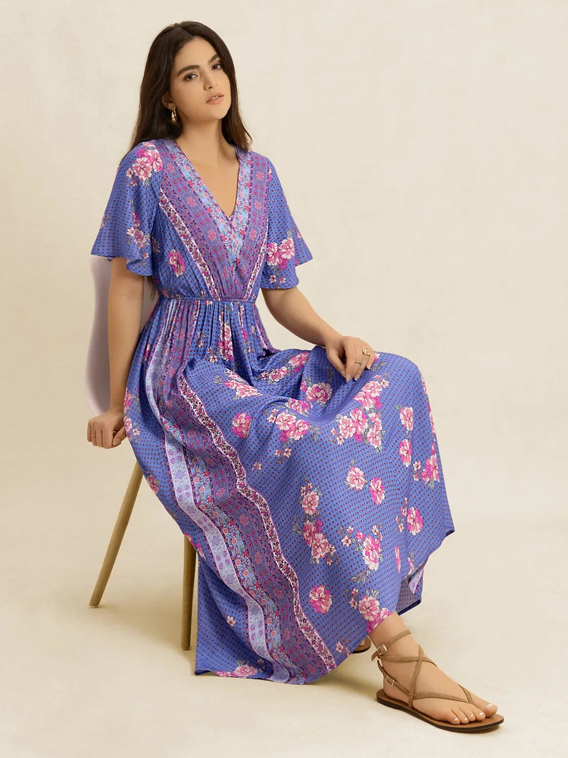 Printed Short Sleeve Midi Dress-Nordavory